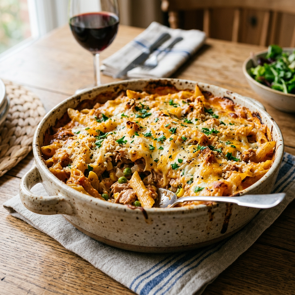 Baked penne pasta casserole with melted cheese, peas, and herbs in a ceramic dish