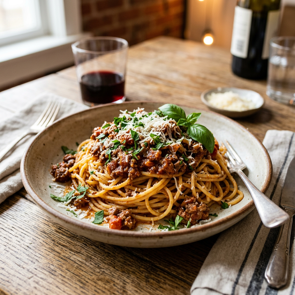 Spaghetti bolognese with meat sauce, fresh basil, and grated cheese on ceramic plate