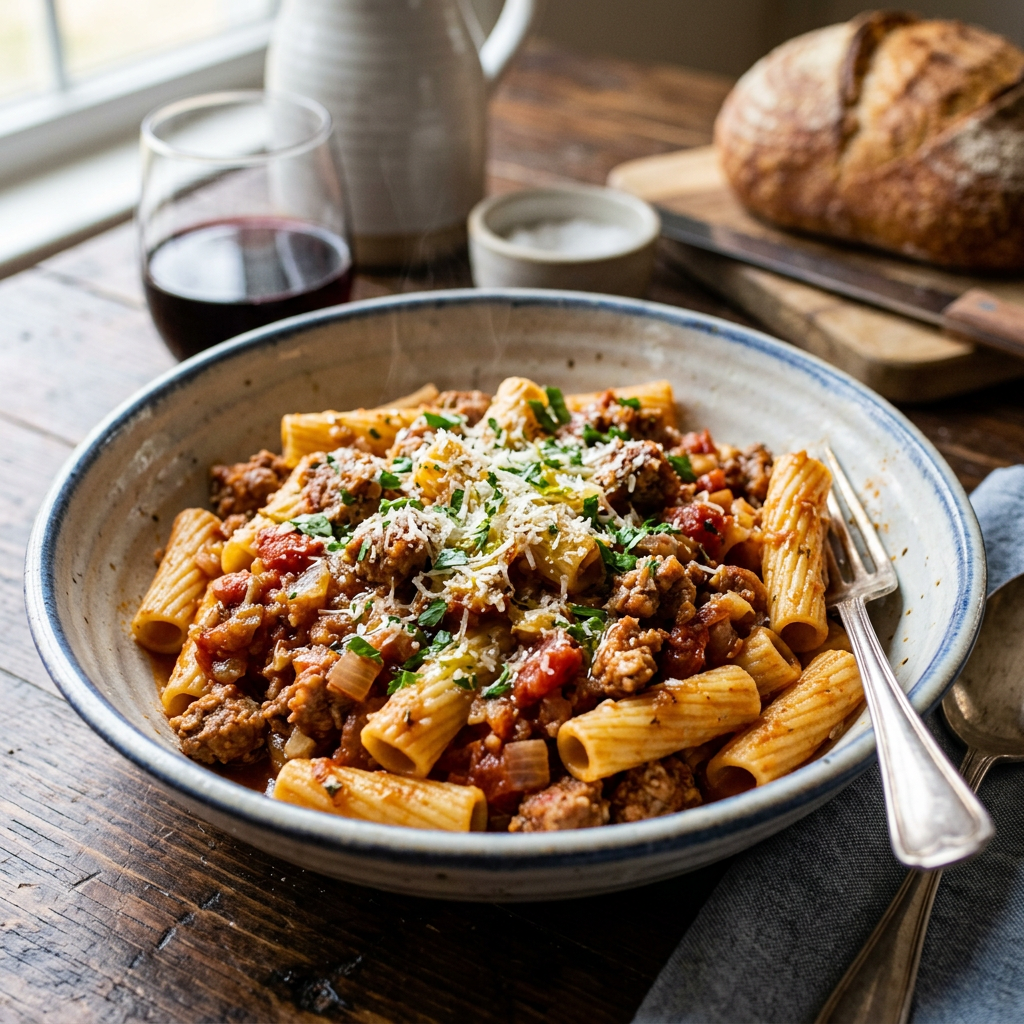 Bowl of rigatoni pasta with meat sauce, chopped herbs, and grated cheese